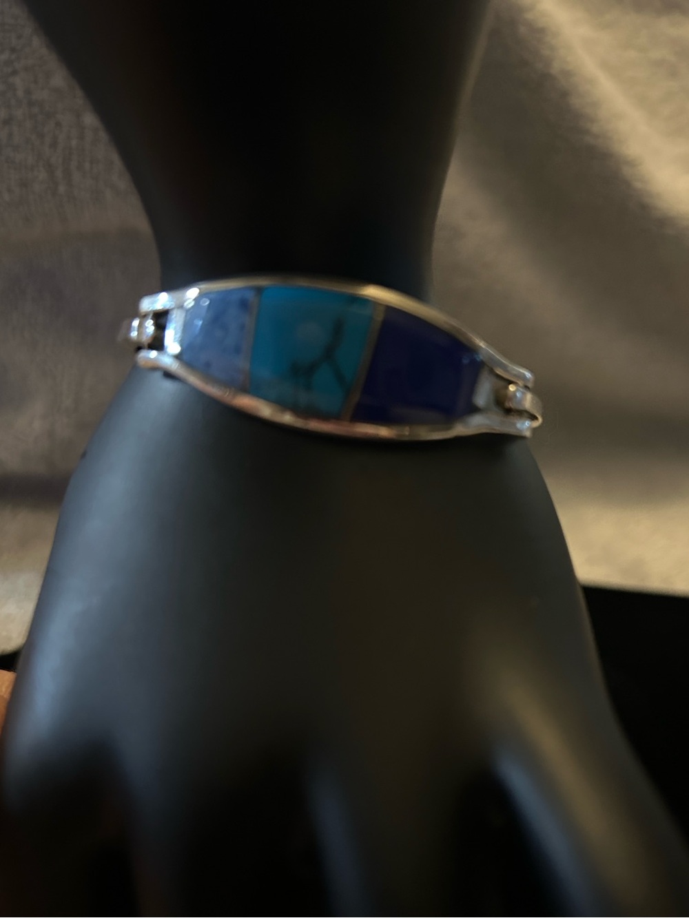 Sterling Silver Turquoise & Blue Inlay Hinged Bracelet